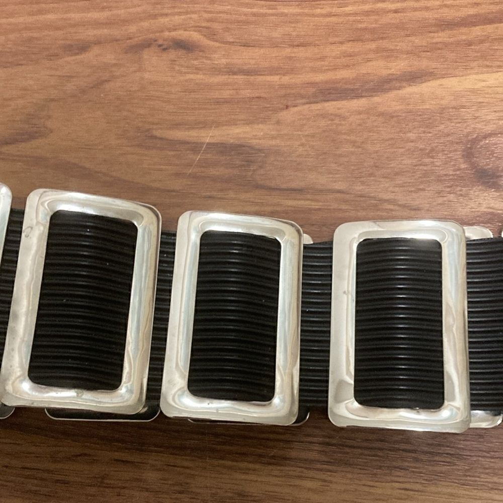 Thick Belt Made From Striated Black Rubber & Silver Tone Metal Rectangles. - Picture 2 of 5